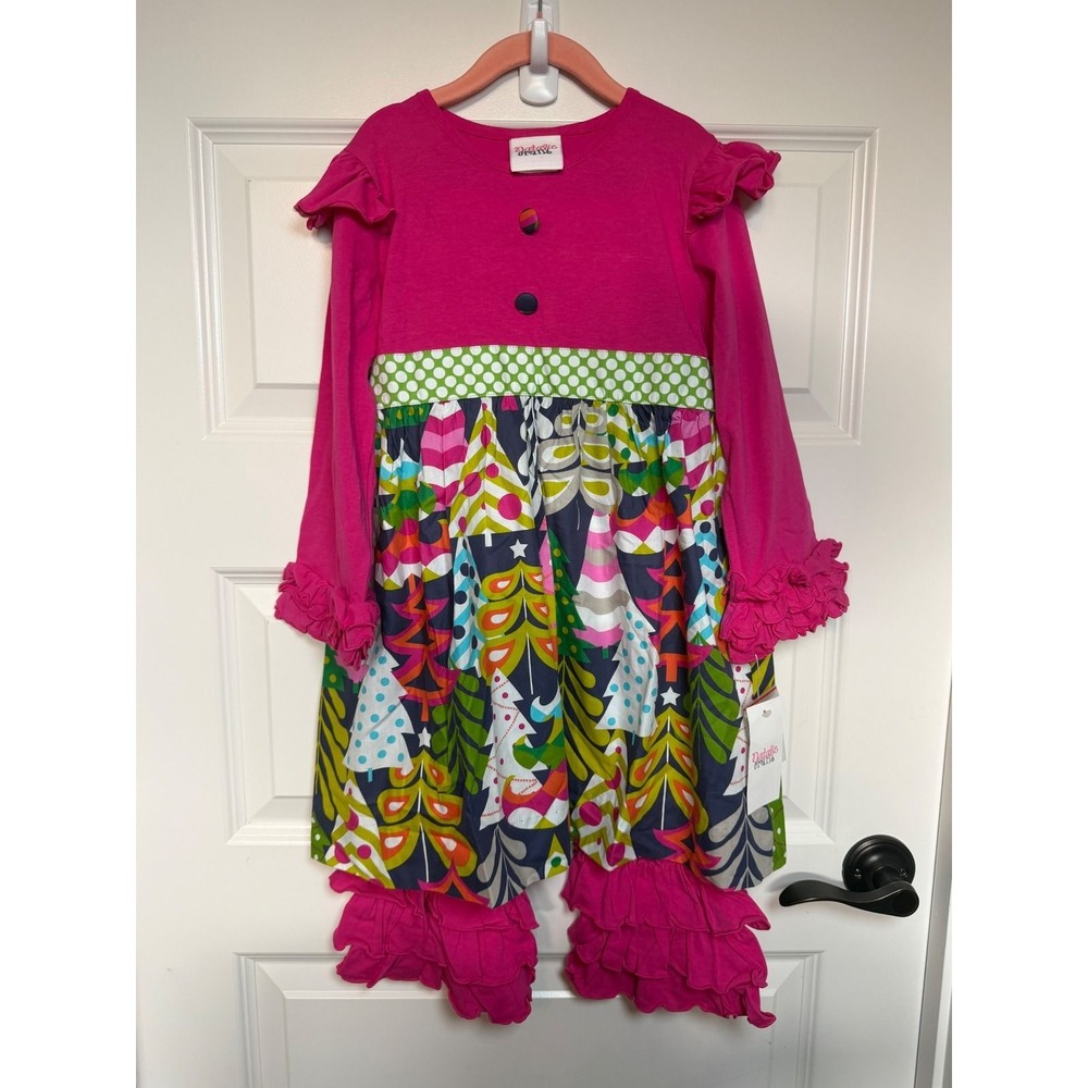9.Natalie Grant Girls Hot Pink Christmas Tree Ruffle Dress & Leggings Set Size 6
